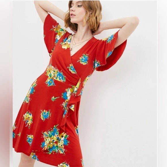 Lauren Ralph Lauren Women’s Midi Faux Wrap Dress Size 16 Red Floral Contemporary - Picture 4 of 16